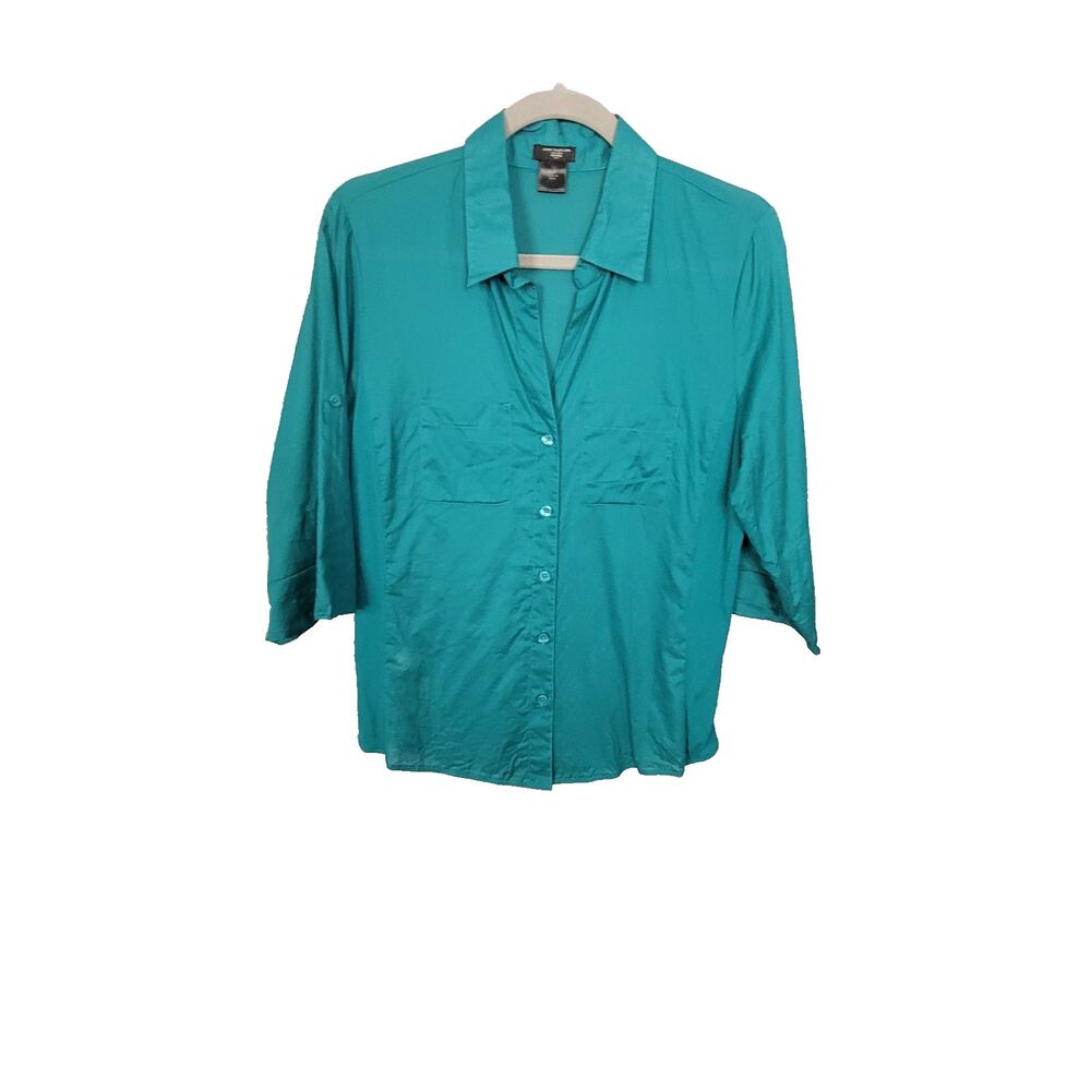 Ann Taylor Petite 10P Teal Button Down Shirt Side Ribbed Panels Roll Tab Sleeve